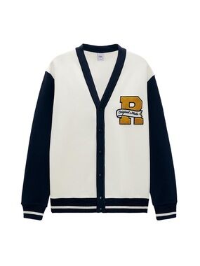 Zara Cream & Navy Varsity Letterman Cardigan with Gold 'R' Patch